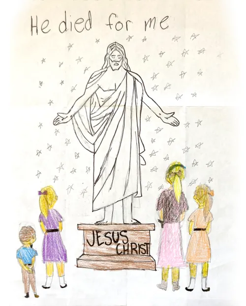 Child’s drawing of children viewing the Christus statue