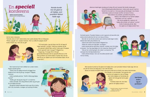 Pdf-sida med en flicka och hennes familj som tittar på generalkonferensen och tillbringar tid tillsammans.