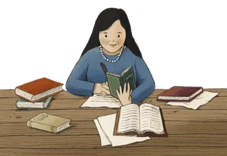 Woman with many books