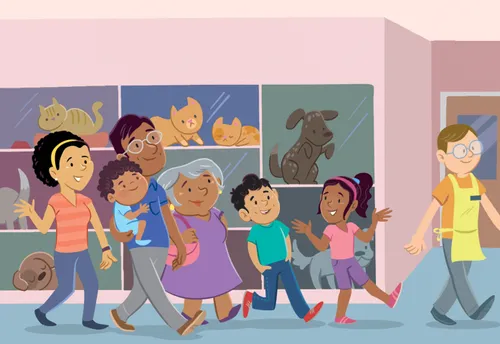 Family walking through shelter with worker