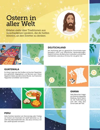 Artikel (PDF) mit einer Illustration der Erde und Ostersymbolen aus aller Welt