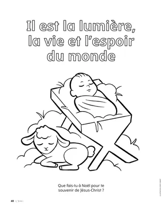 Coloriage au format PDF de l’enfant Jésus dans la crèche et d’un agneau