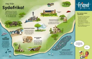 Pdf-sida som visar en karta över Sydafrika med vilda djur och landmärken.