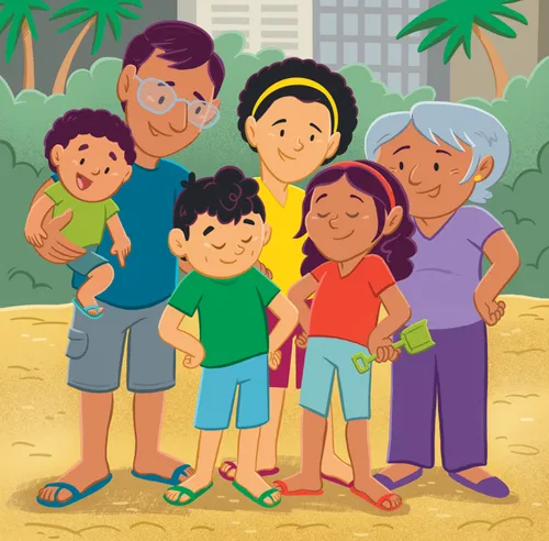 The family looking down at the sand