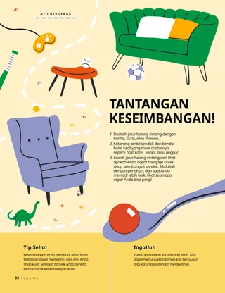 Halaman PDF sendok dengan bola kecil di atasnya, dan jalur melalui halang rintang furnitur