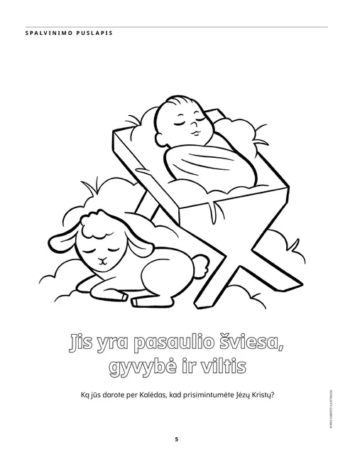 Spalvinimo puslapis PDF formatu, kuriame pavaizduotas kūdikėlis Jėzus ėdžiose ir avinėlis šalia