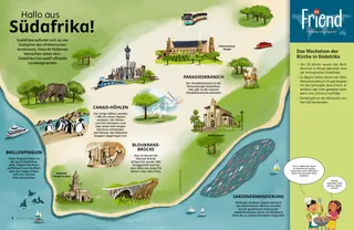 Artikel (PDF) einer Karte von Südafrika mit Wildtieren und Sehenswürdigkeiten