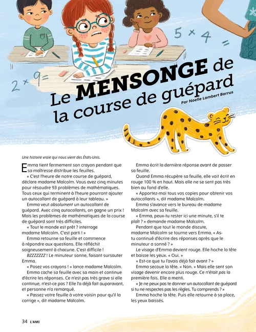 Illustrations au format PDF représentant des autocollants de guépards, une fillette à l’air nerveux assise en classe et la fillette en train de prier avec sa mère