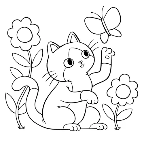 Coloring activity of a cat, butterfly, and flowers
