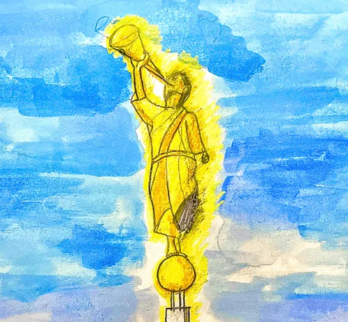 Child’s drawing of angel Moroni on temple spire