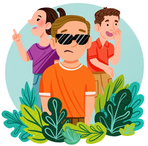 Boy with sunglasses frowning while a girl and boy behind him smile and point at something out of frame