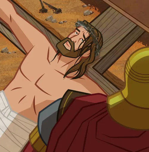 The soldiers nail Jesus to the cross.