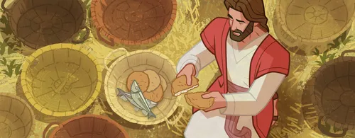 Jesus prays and blesses the food.