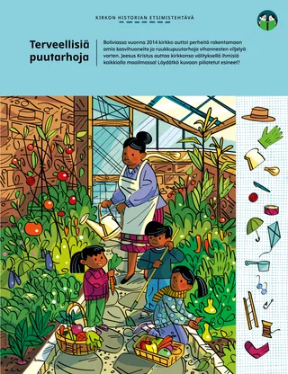 Piilokuva-PDF, jossa nainen ja lapset kasvattavat kasveja kasvihuoneessa