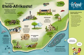 PDF-sivu Etelä-Afrikan kartasta, jossa näkyy villieläimiä ja maamerkkejä