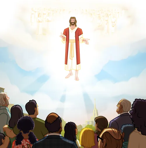 Jesus descending from heaven, with angels behind Him.