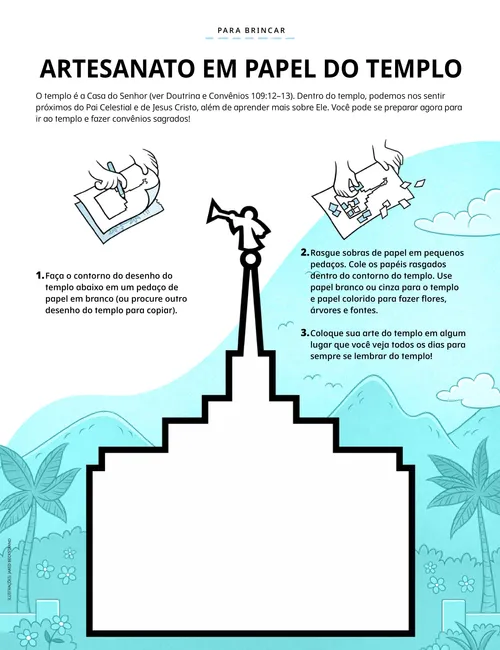 Página em PDF com ilustração de um esboço do templo e instruções para fazer um artesanato com papel picado