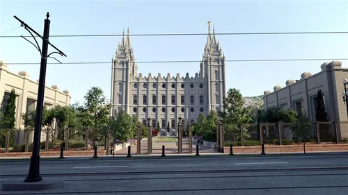 Rendering of the Salt Lake Temple featuringa view of the south at eye level.