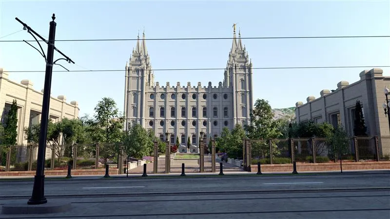 Rendering of the Salt Lake Temple featuringa view of the south at eye level.