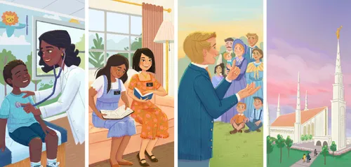 Illustration wiht panels showing a doctor examining a boy, missionaries teaching, Joseph Smith speaking to a group of early Saints, and a temple