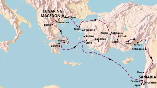 mapa na nagpapakita ng mga lokasyon mula sa ikalawang misyon ni Pablo