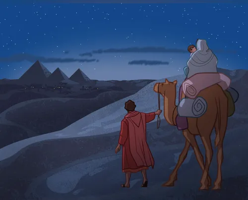 Joseph, Mary, and Jesus leaving for Egypt.