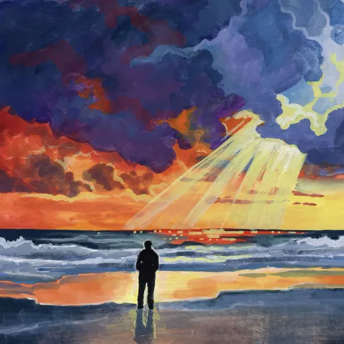 illustration of a man watching the sun‘s rays break through clouds