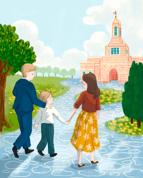 A boy and his parents walking on temple grounds