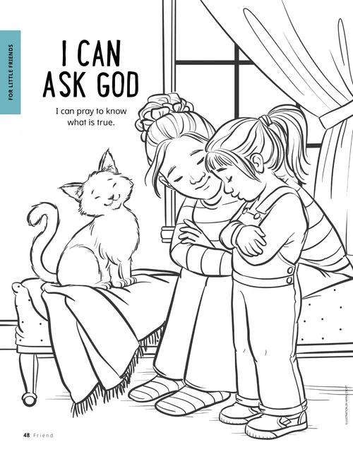 Coloring page PDF of a young girl praying with a woman and cat next to her