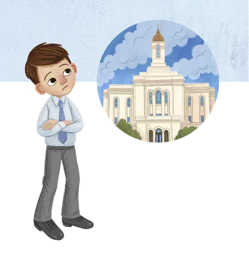 A. boy wearing church clothes looking at a temple