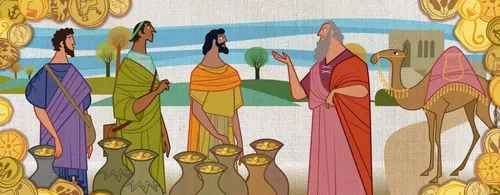 The man gives talents to each of his servants.