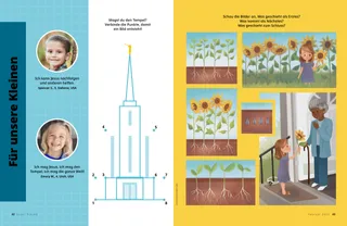 Artikel (PDF) mit einer Aktivität, bei der man Punkte zu einem Bild verbindet, und Bildern, wie Sonnenblumen heranwachsen