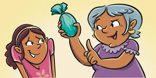 Grandma holds up one of the eggs while Margo grins sheepishly