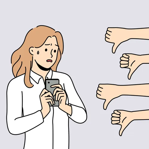 an illustrated figure holding a phone and looking distressed while many hands make a thumbs-down motion at her