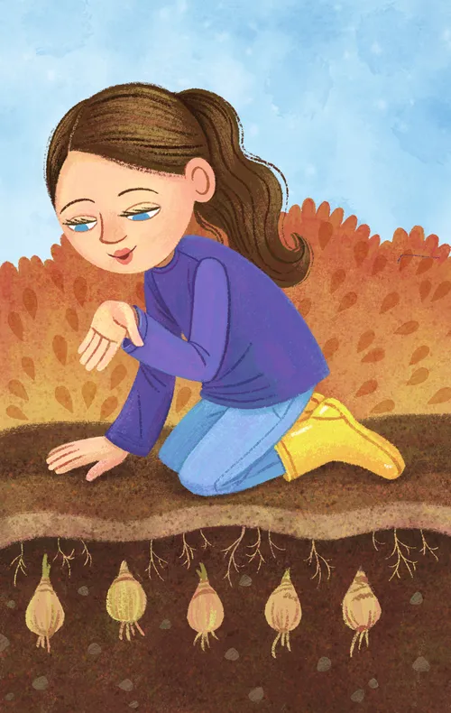 Image of a girl blowing a kiss to the flower bulbs in the ground