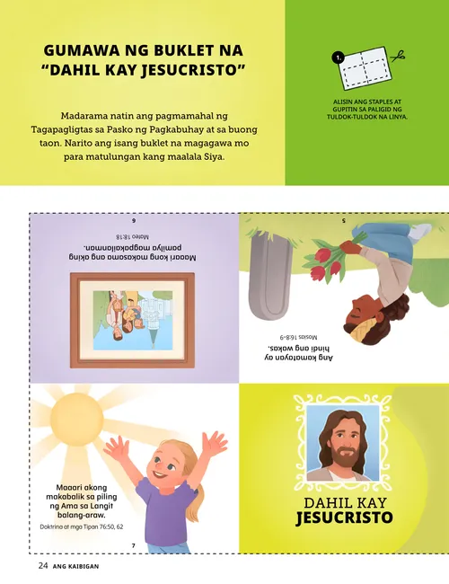PDF na pahina ng craft para makagawa ng buklet na may mga ilustrasyon ng mga bata at ni Jesucristo