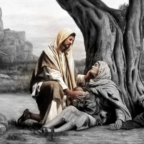 Jesus Christ reaching out to a woman and her baby