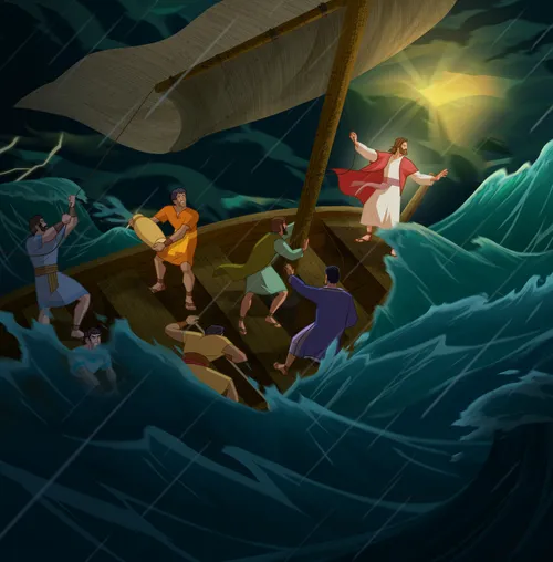 Jesus commands the water to be still.