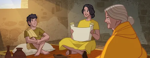 Timothy being taught by his mother and grandmother.