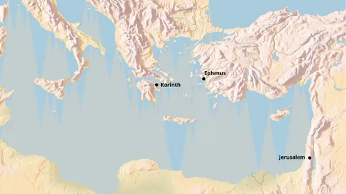 Karte des Mittelmeerraums mit Korinth, Ephesus und Jerusalem