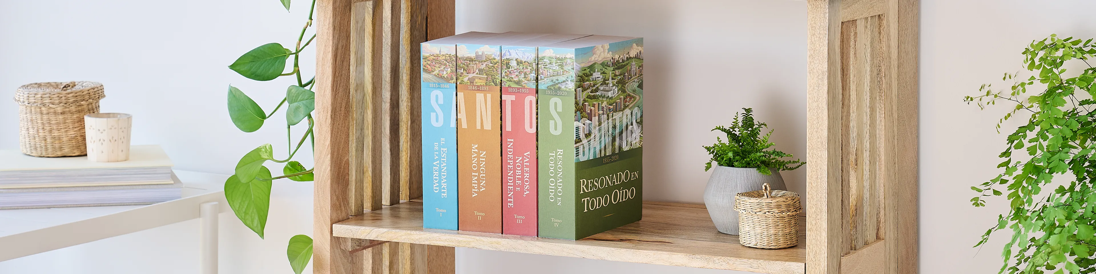 Picture of the book series, 'Saints' volume 1-4 (Spanish edition). Four volumes are arranged on the middle shelf of a wooden bookshelf along with plants.