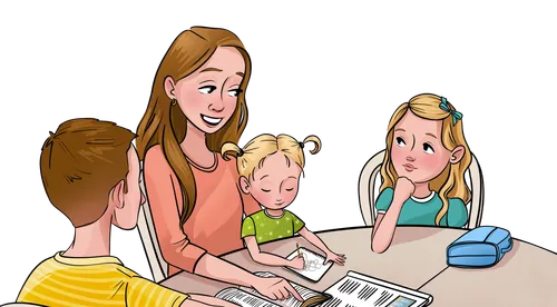 A girl sitting at a table with her mom, brother, and sister
