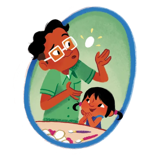 Dad bounces egg in his hands while little girl laughs