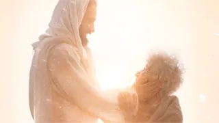 Artwork entitled "Healer" by Lightweave. Jesus Christ stands with his arms outstretched and comforting and elderly woman.