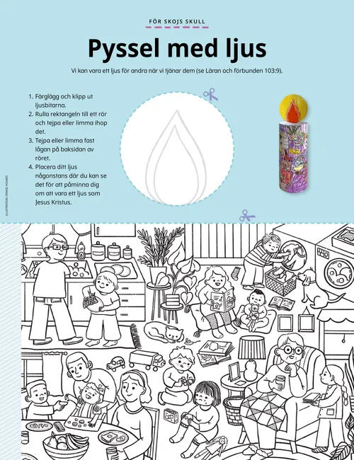 Illustrationer som visar hur man gör ett pappersljus, plus en färgläggningsaktivitet där människor är snälla.