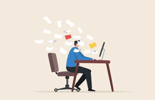 an illustration of letters flying out of a computer toward a young man