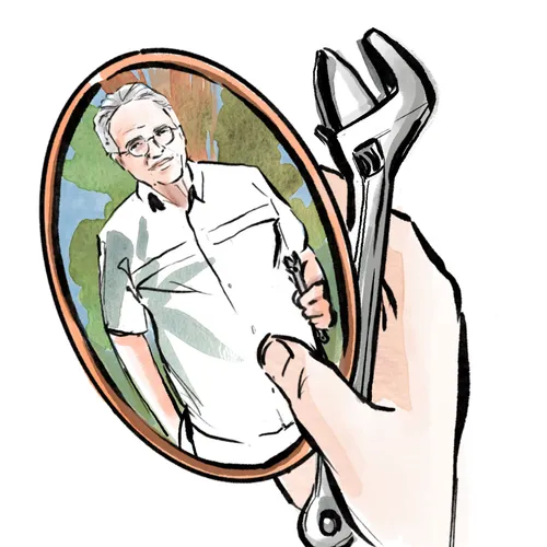 illustration of a hand holding a wrench and a photograph of an old man