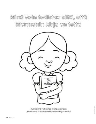 Värityskuva tytöstä halaamassa Mormonin kirjaa