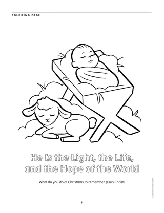 Coloring page PDF of baby Jesus in the manger and a lamb
