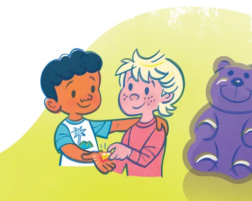 Illustration of boy giving a gum bear to a boy who has his arm around him